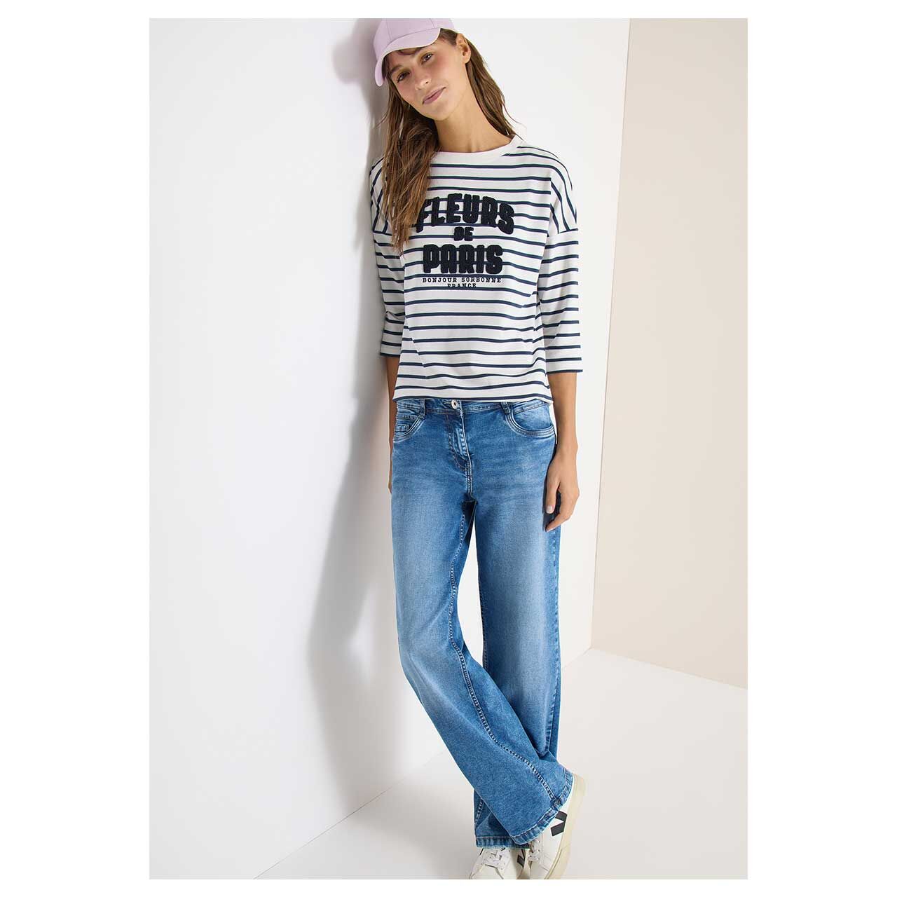 Damen 3/4 Arm Shirt Striped Fleurs von Cecil in Dunkelblau gestreift, Vorderansicht in der Totalen