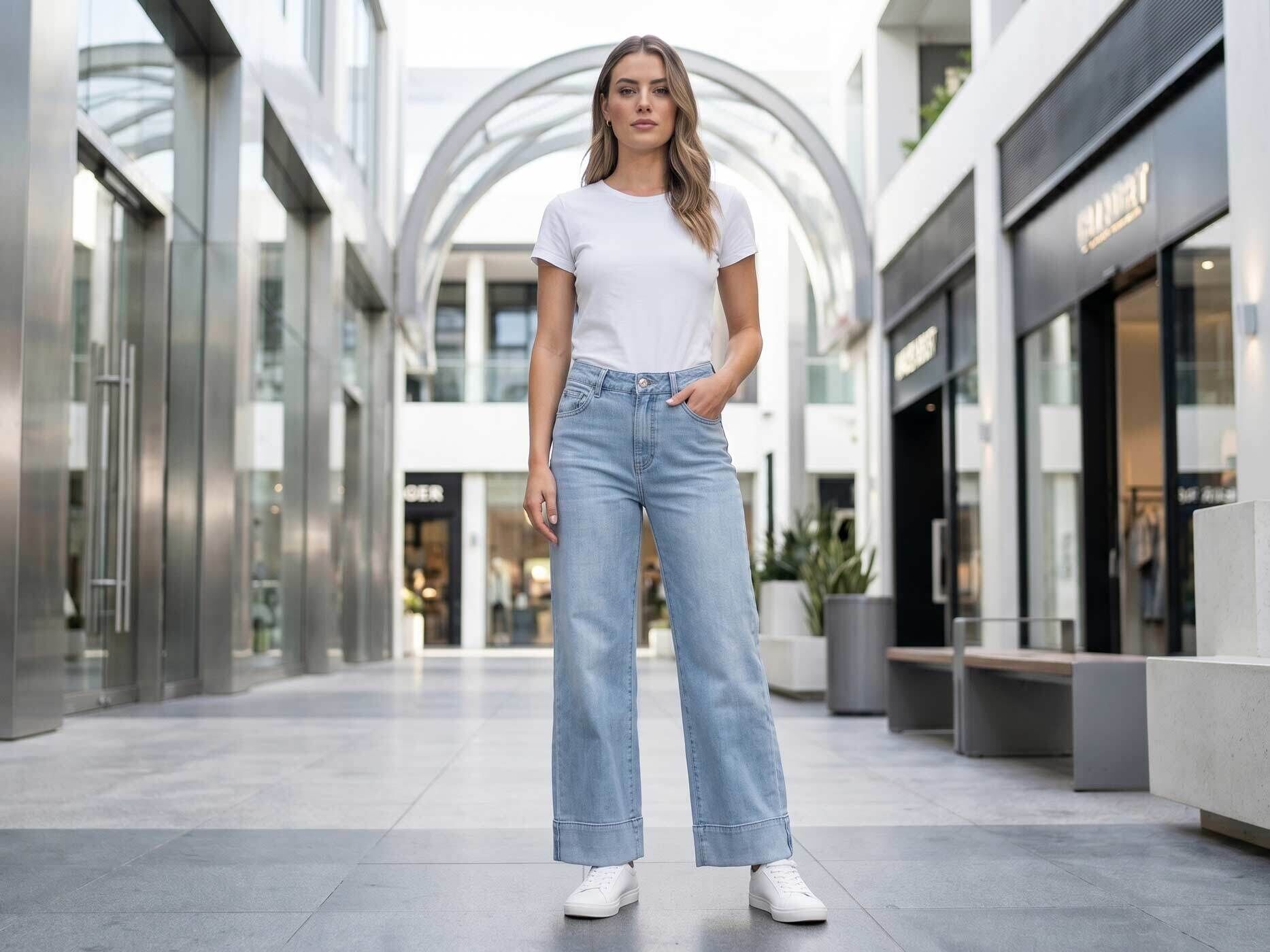 Eine Frau trägt ein weißes T-Shirt und eine weite blaue Jeans mit weißen Sneakern. Sie steht vor einem modernen Gebäude.