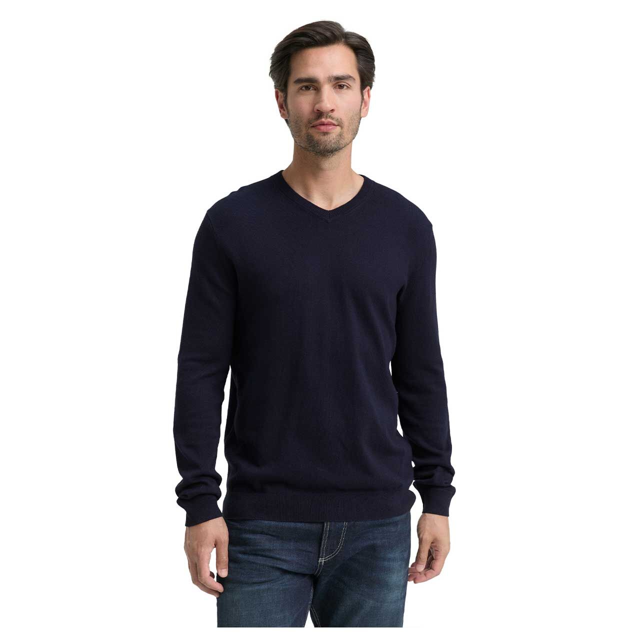 Herren Pullover Cashmere V-Neck Knit von Tom Tailor in Dunkelblau meliert, Vorderansicht am Model
