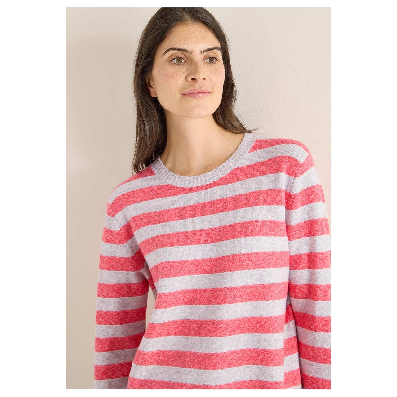 Damen Pullover Melange Structure Stripe von Cecil in Orange-Rot gestreift, Detailansicht vorne am Model