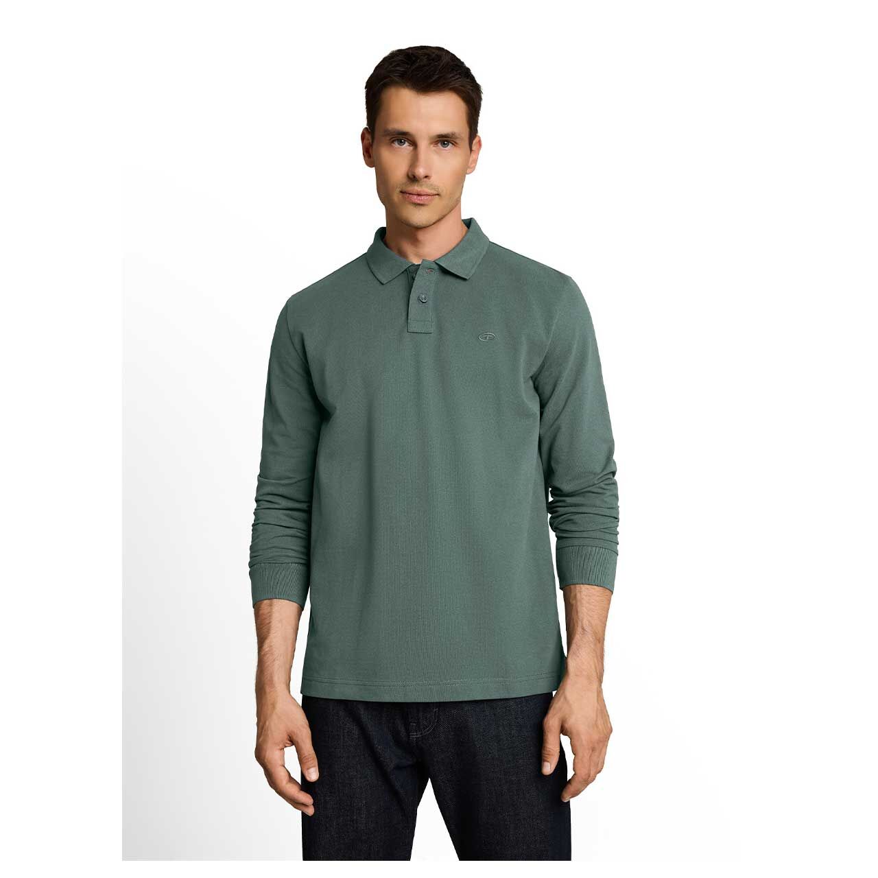 Herren Polo Pullover Basic Longsleeve von Tom Tailor in Olivgrün, Vorderansicht am Model