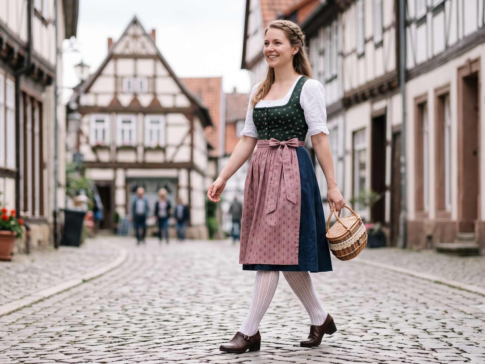 Eine lächelnde Frau geht durch eine gepflasterte Altstadtgasse mit historischen Fachwerkhäusern. Sie trägt ein dunkelgrünes Dirndl mit weißer Bluse, eine altrosa gemusterte Schürze und eine weiße Strumpfhose mit feinem Lochmuster. Dazu trägt sie braune Schuhe mit kleinem Absatz und hält einen kleinen geflochtenen Korb in der Hand.