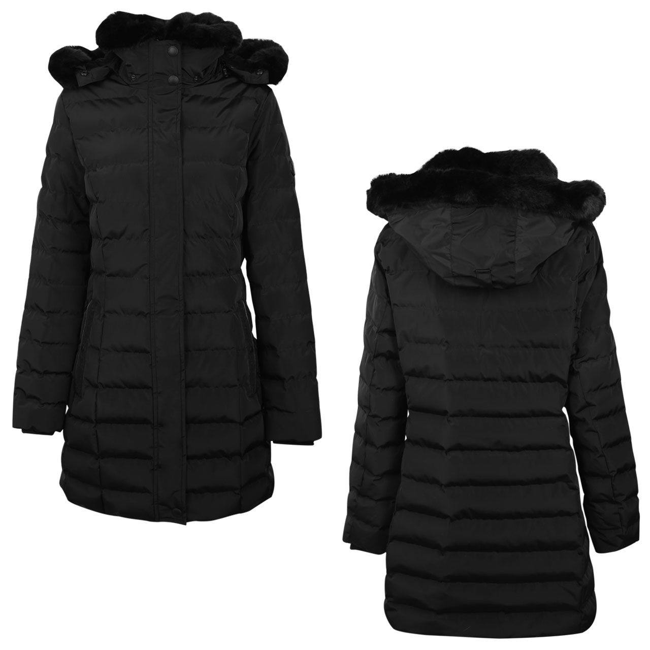 wellensteyn-jacke-mantel-santorinlong-schwarz-combi Damen Jacke Santorin Long von Wellensteyn in Schwarz, Vorder- und Rückansicht