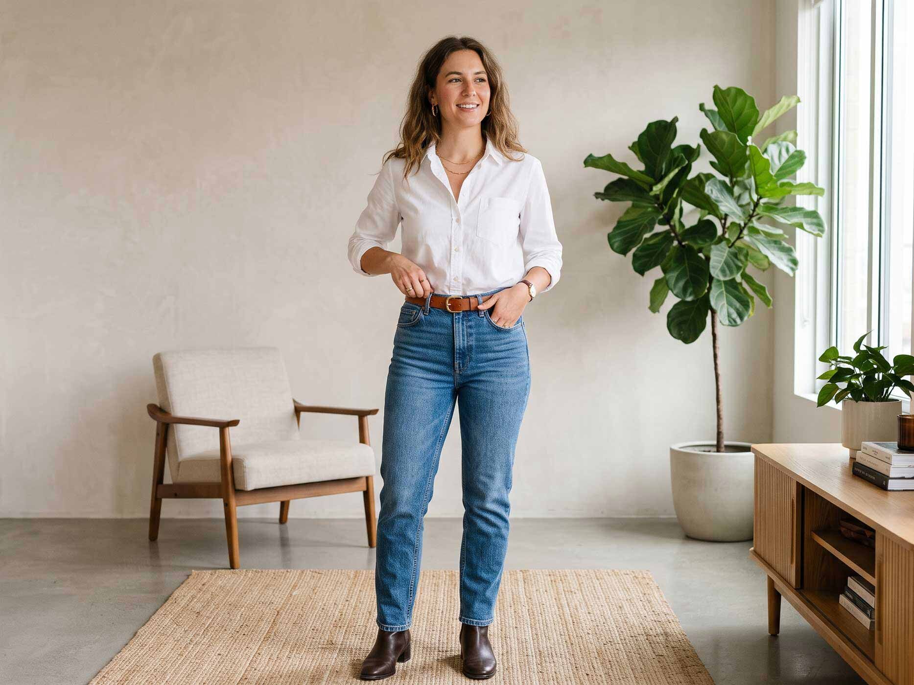 Frau in mittelblauer High Waist Jeans mit braunem Ledergürtel, weißer Bluse und braunen Stiefeletten