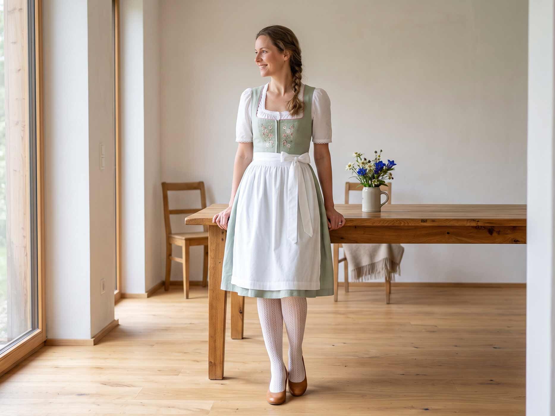 Eine lächelnde Frau trägt ein hellgrünes Dirndl mit weißer Schürze und weißer Bluse. Dazu trägt sie eine weiße Strumpfhose mit einem feinen, durchbrochenen Muster und braune Pumps. Sie lehnt entspannt an einem großen Holztisch in einem hellen Raum mit Holzboden. Auf dem Tisch steht ein kleiner Strauß mit Wiesenblumen.