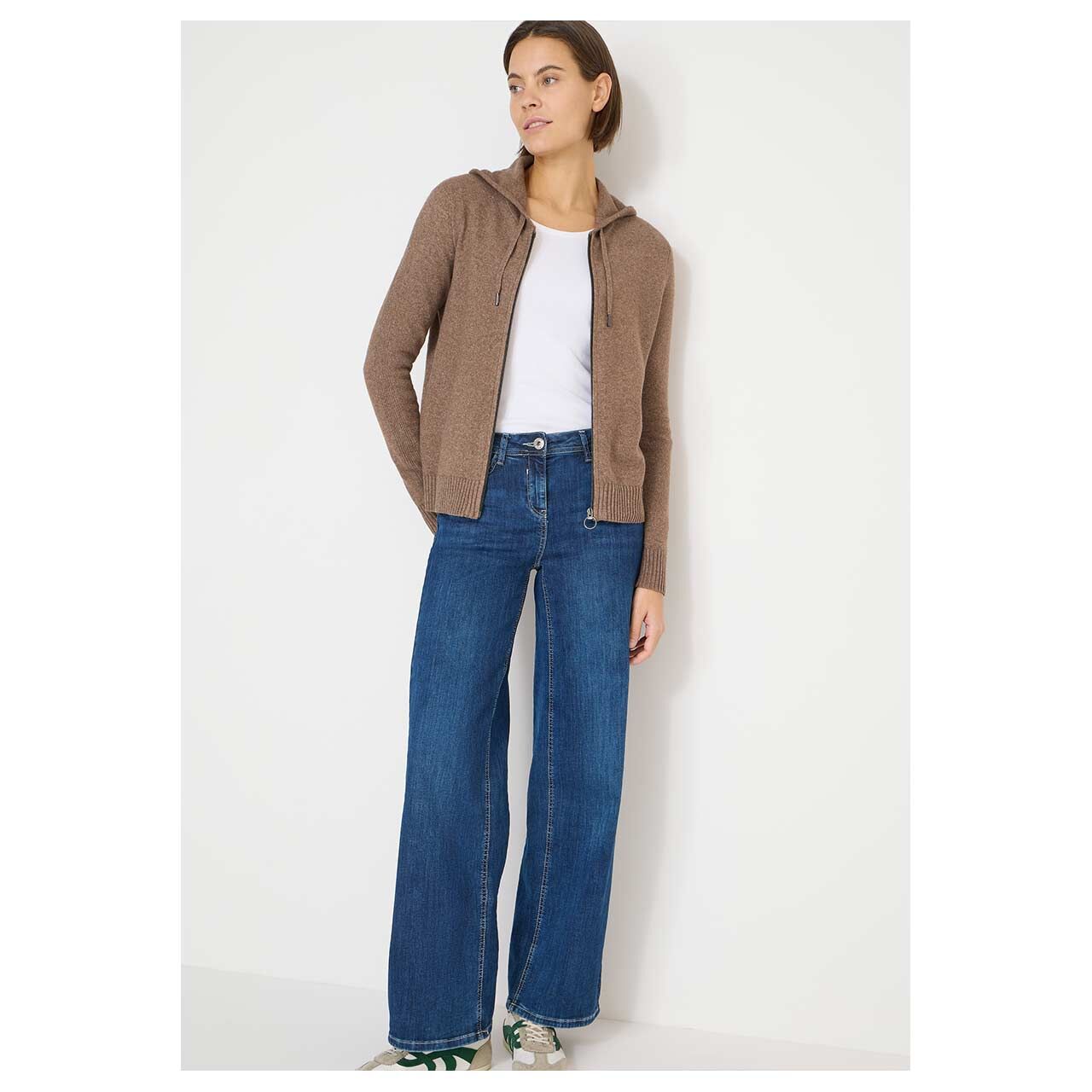 Damen Hoodie Strickjacke Cosy Zipper Cardigan von Cecil in Braun meliert, Ganzkörperansicht am Model