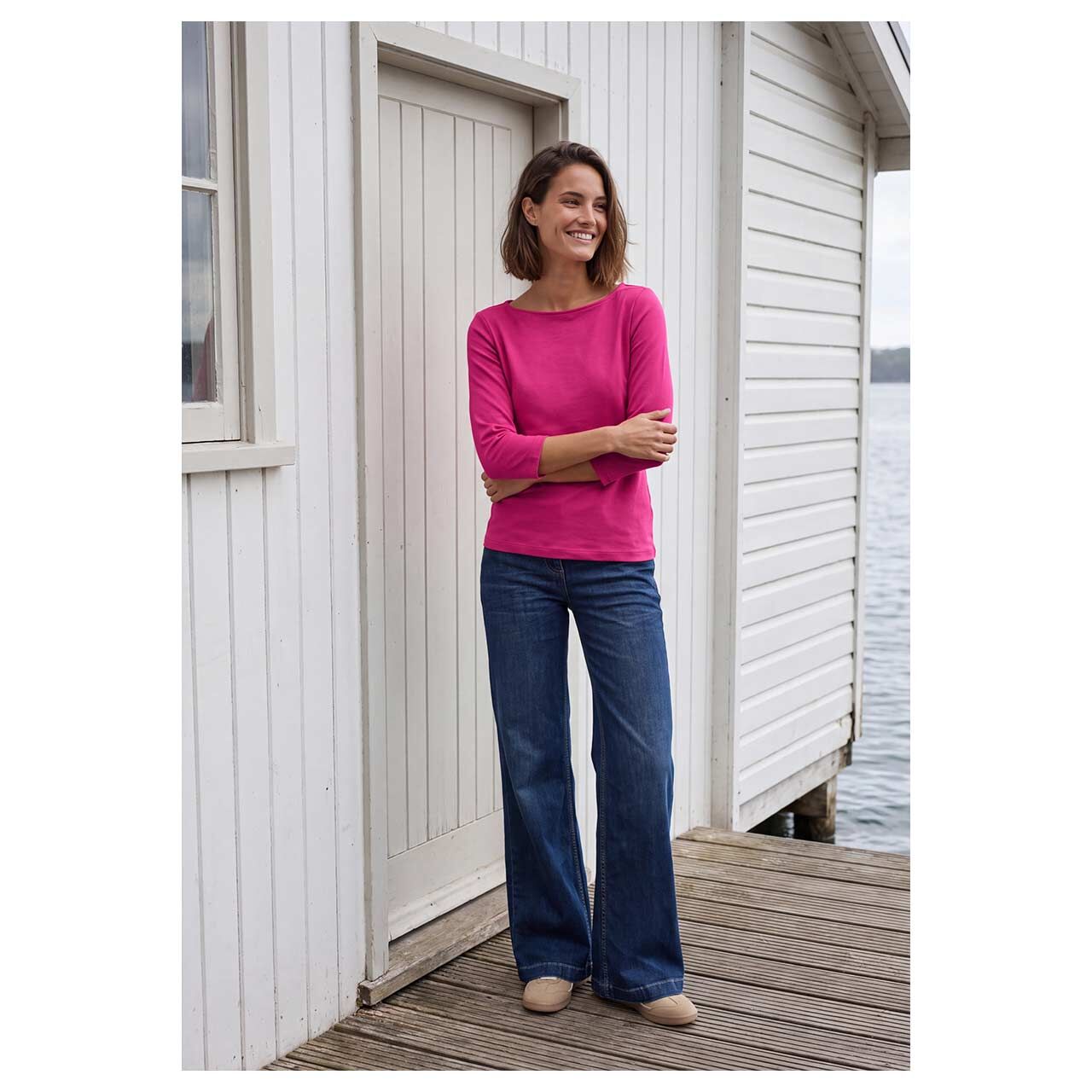 Damen 3/4 Arm Shirt Basic Boatneck von Cecil in Pink, Ganzkörperansicht am Model