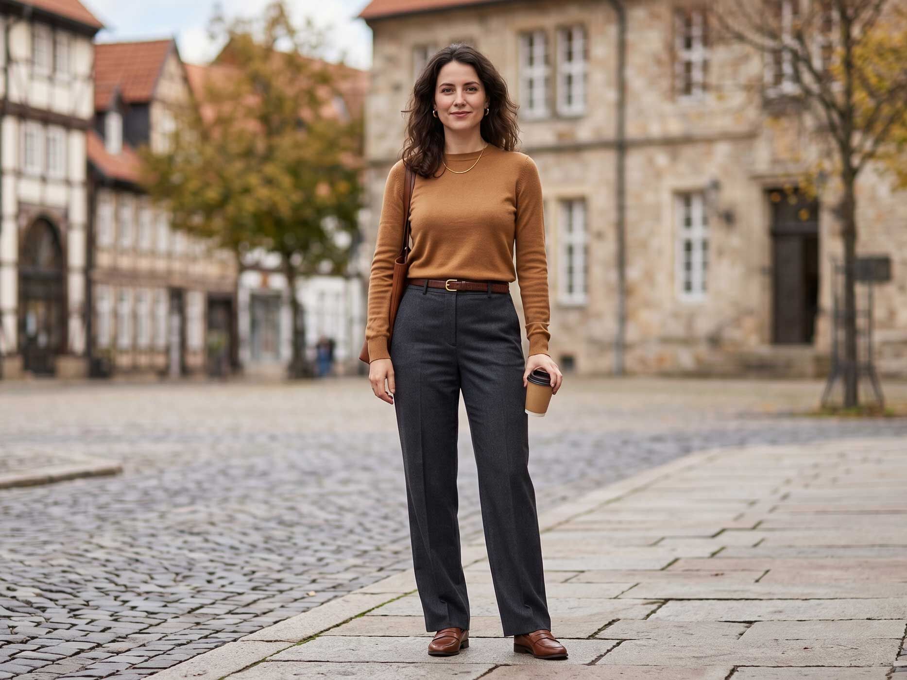 Eine Frau tr&auml;gt einen beigen Pullunder &uuml;ber einer wei&szlig;en Bluse und kombiniert ihn mit einer dunklen Damenjeans.