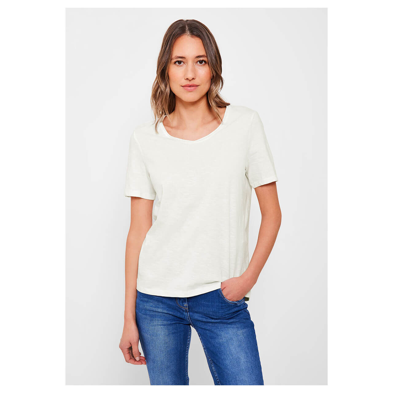 Cecil Basic Rounded V-Neck T-Shirt vanilla white