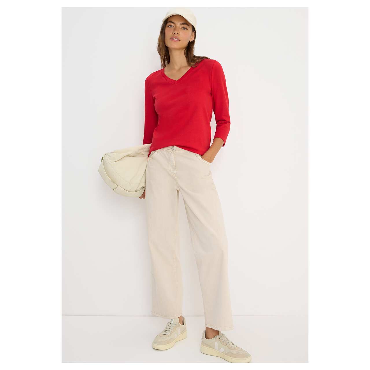 Damen 3/4 Arm Shirt Basic V-Neck von Cecil in Rot, Ganzkörperansicht am Model