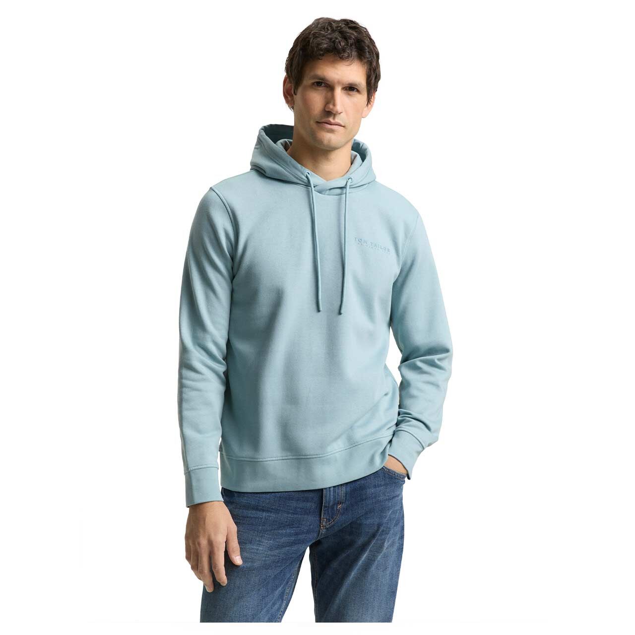 Herren Hoodie Sweatshirt Basic von Tom Tailor in Hellblau, Vorderansicht am Model