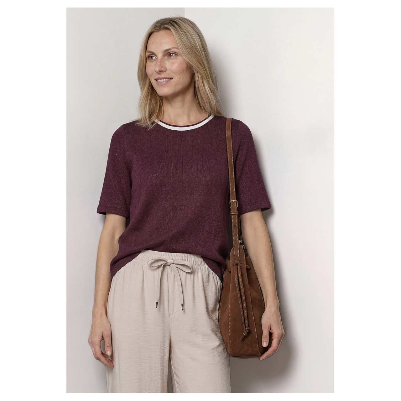 Damen Kurzarm Pullover von Street One in Lila, Vorderansicht am Model