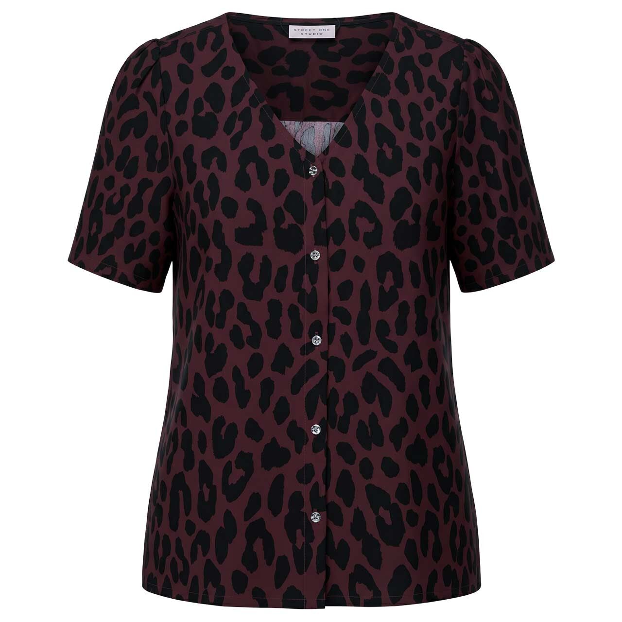 Street One Studio Damen Kurzarm Bluse Buttoned V-Neck very berry leo