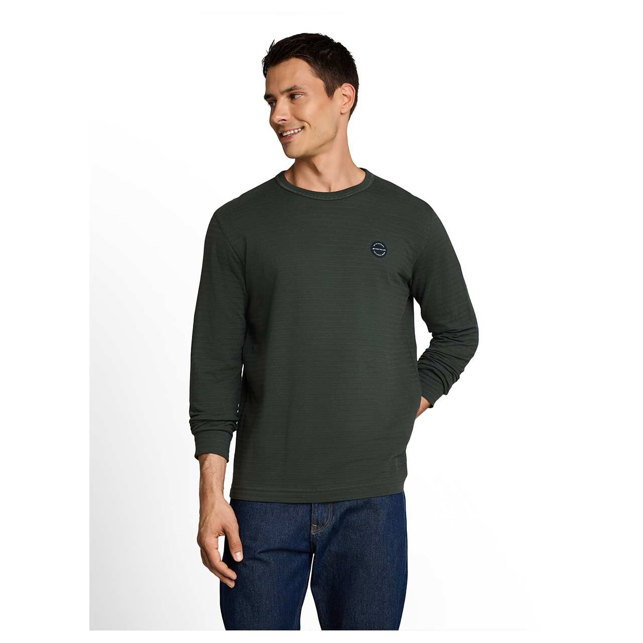 Herren Langarm Shirt von Tom Tailor in Olivgrün, Vorderansicht am Model