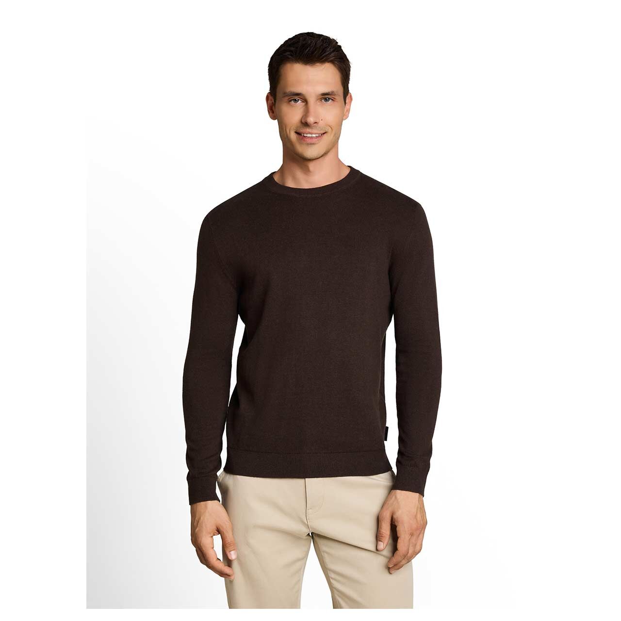 Herren Pullover Cashmere Crewneck Knit von Tom Tailor in Dunkelbraun meliert, Vorderansicht am Model