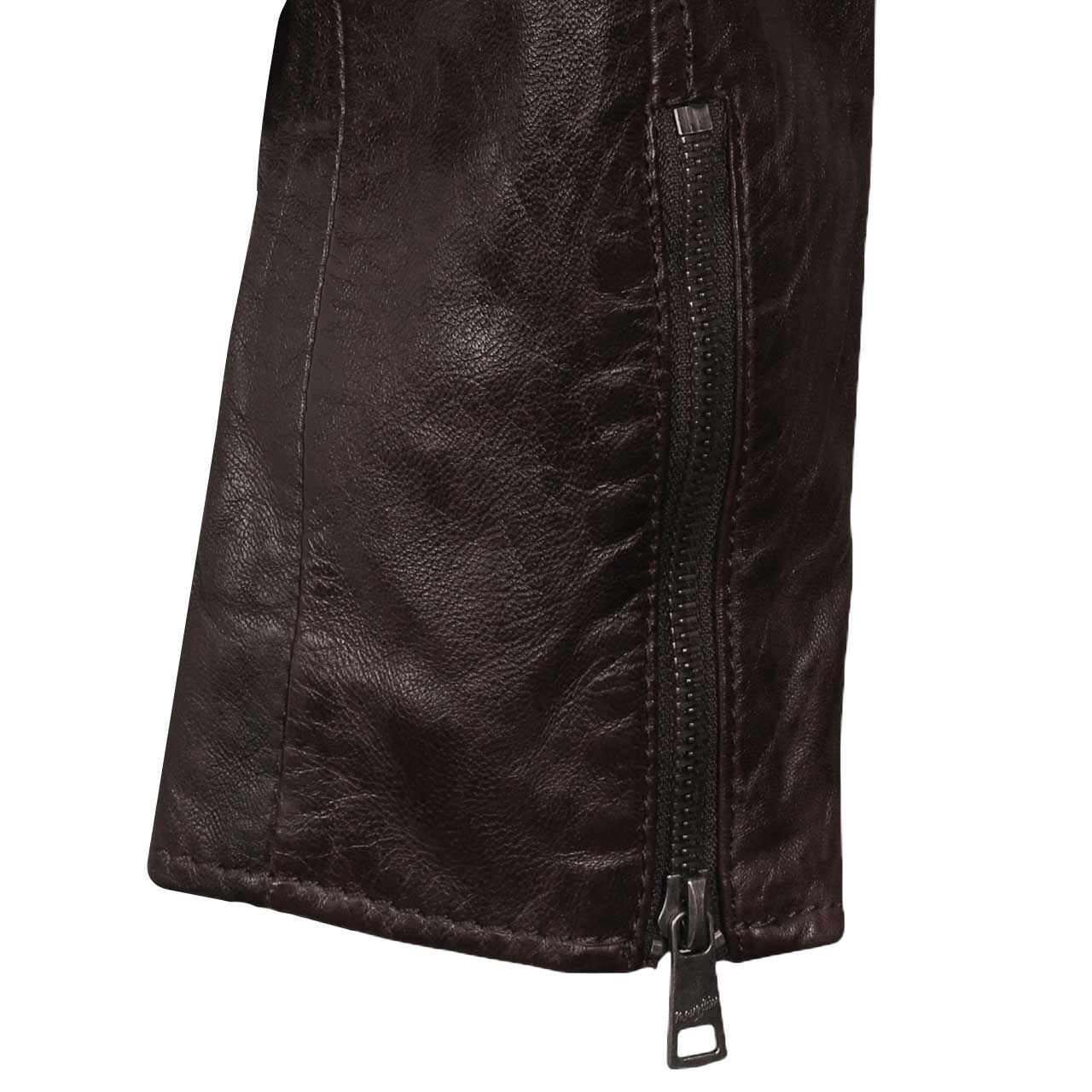 Damen Lederjacke Keilli von Mauritius in Dunkelbraun, Detailansicht Zipper am Ärmel