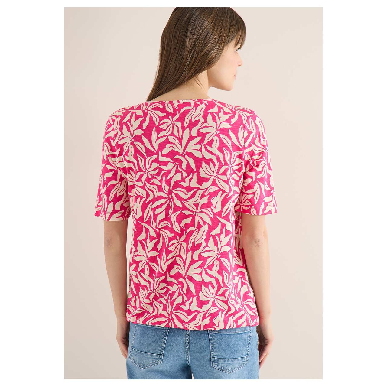 Damen T-Shirt V-Neck Tunic von Cecil in Pink mit Print, Rückansicht am Model