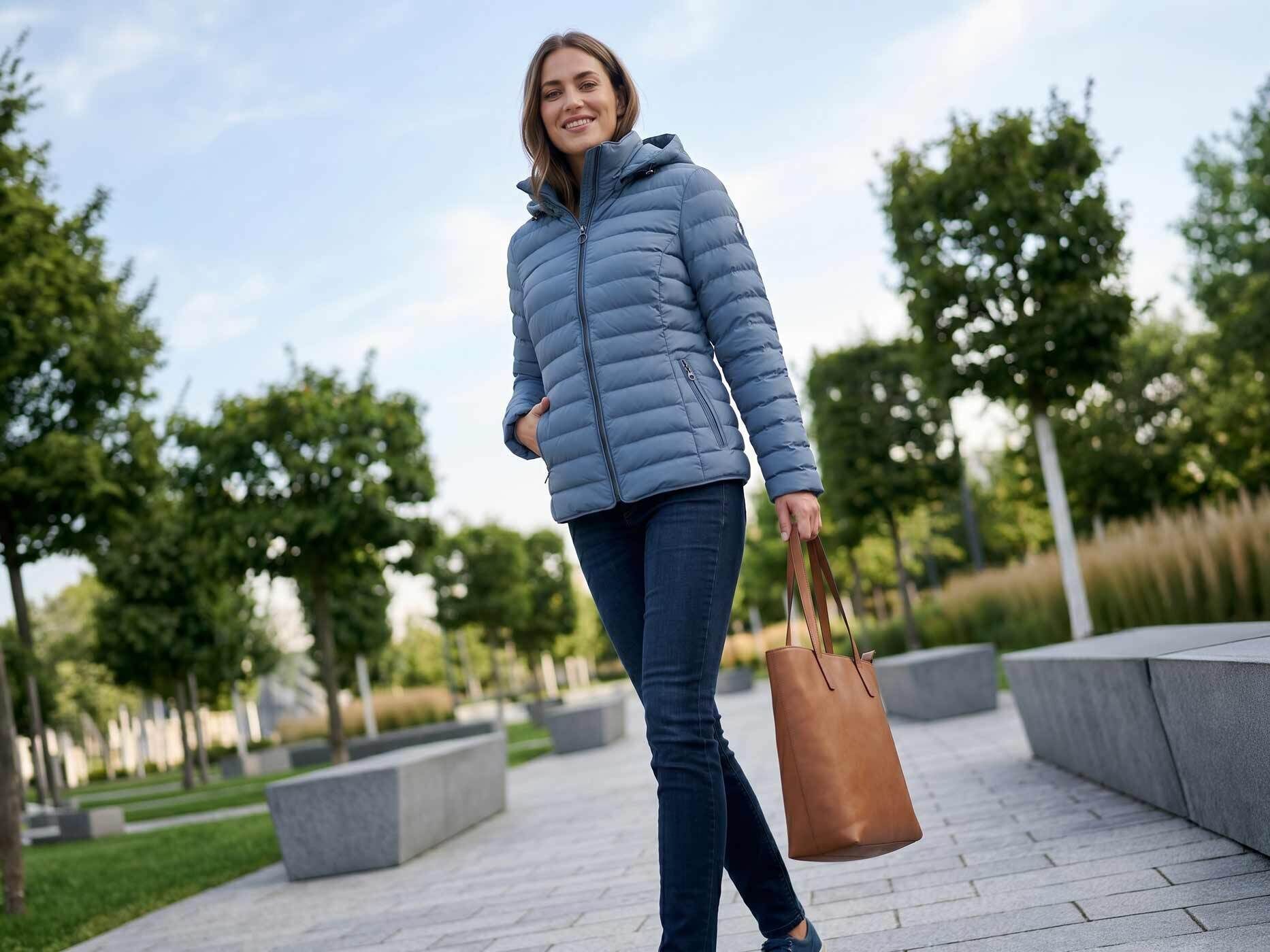 Eine Frau mit dunkelblonden Haaren tr&auml;gt eine hellblaue Jacke kombiniert mit einer blauen Jeans. 