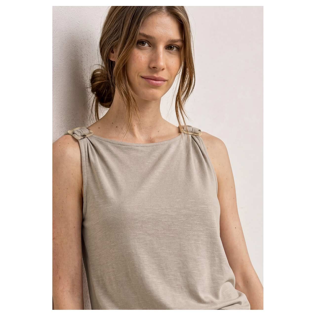 Damen Top Jersey von Street One in Beige meliert, Detailansicht am Model