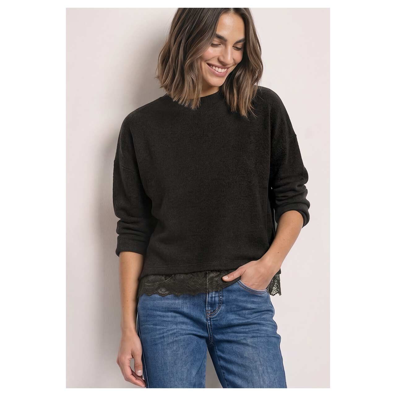 Damen Langarm Shirt Soft Lace Bottom von Street One in Dunkelbraun meliert, Vorderansicht am Model
