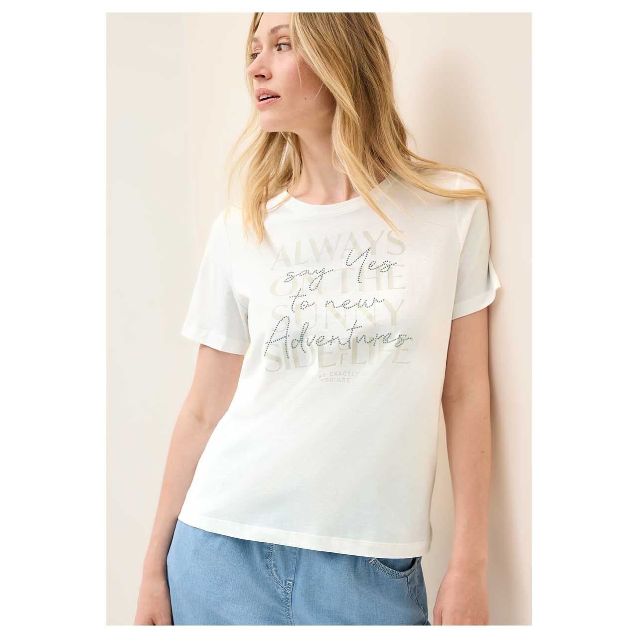 Damen T-Shirt Glitter Foil Print von Cecil in Cremeweiß, Nahansicht am Modell