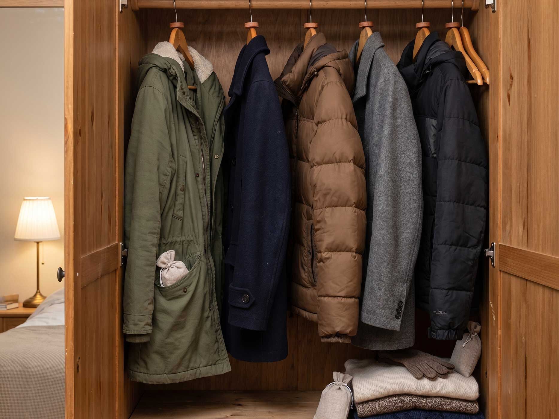 Verschiedene Winterjacken h&auml;ngen ordentlich mit ausreichend Abstand im Kleiderschrank, w&auml;hrend kleine Lavendels&auml;ckchen zus&auml;tzlich vor muffigen Ger&uuml;chen und Motten sch&uuml;tzen.