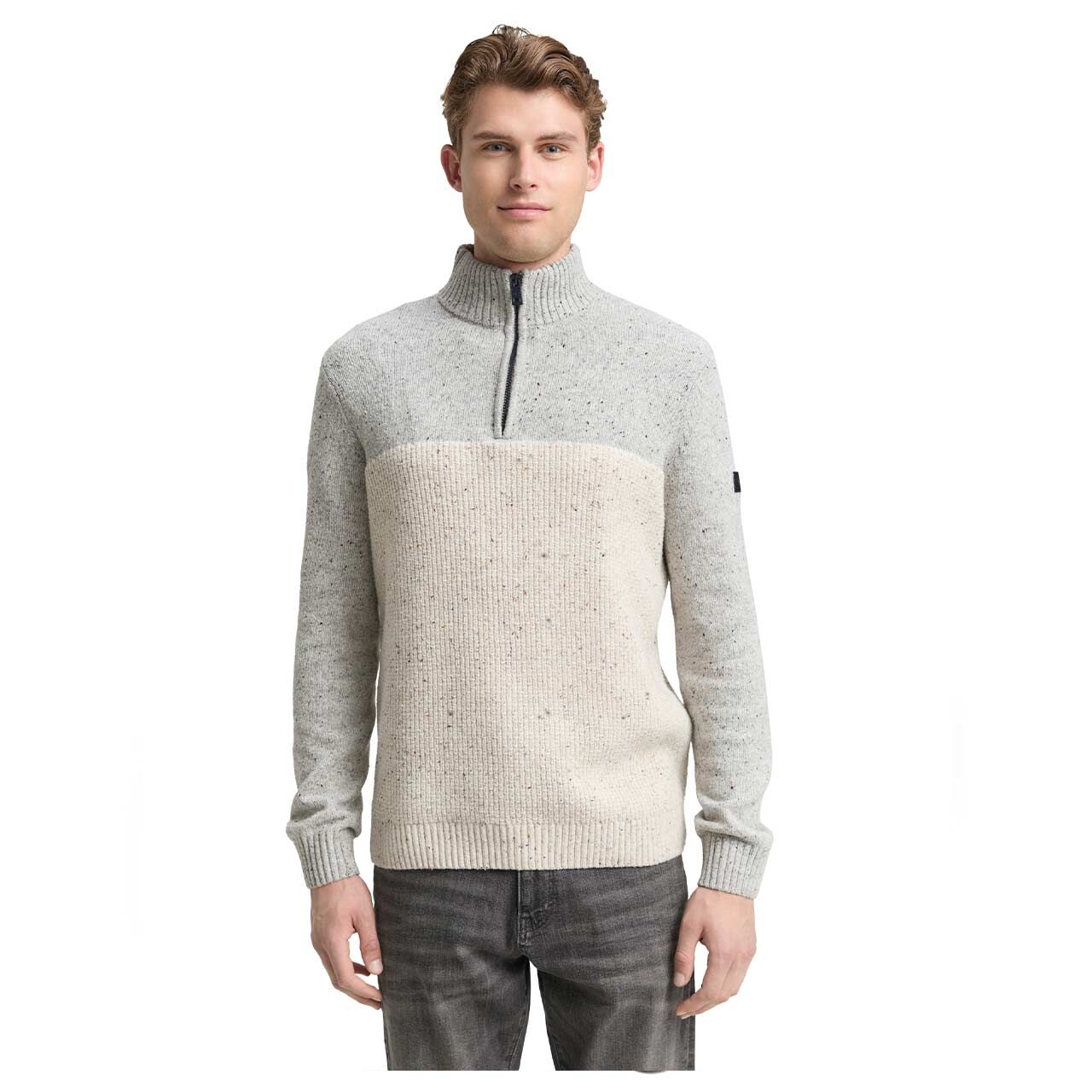 Herren Pullover Structured Mix Knit Troyer von Tom Tailor in Cremeweiß-Grau meliert, Vorderansicht am Model