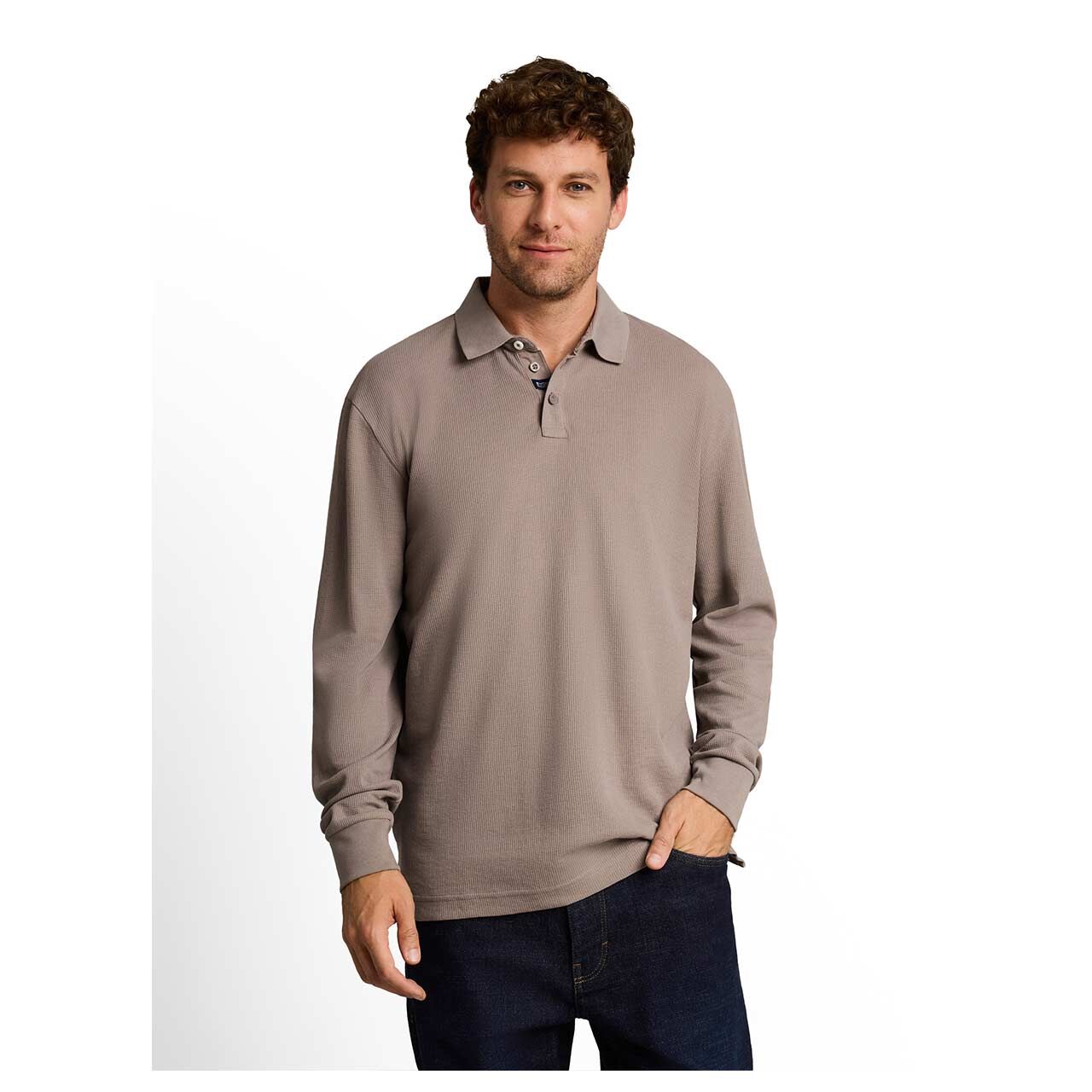 Herren Polo Langarmshirt Structured von Tom Tailor in Greige, Vorderansicht am Model