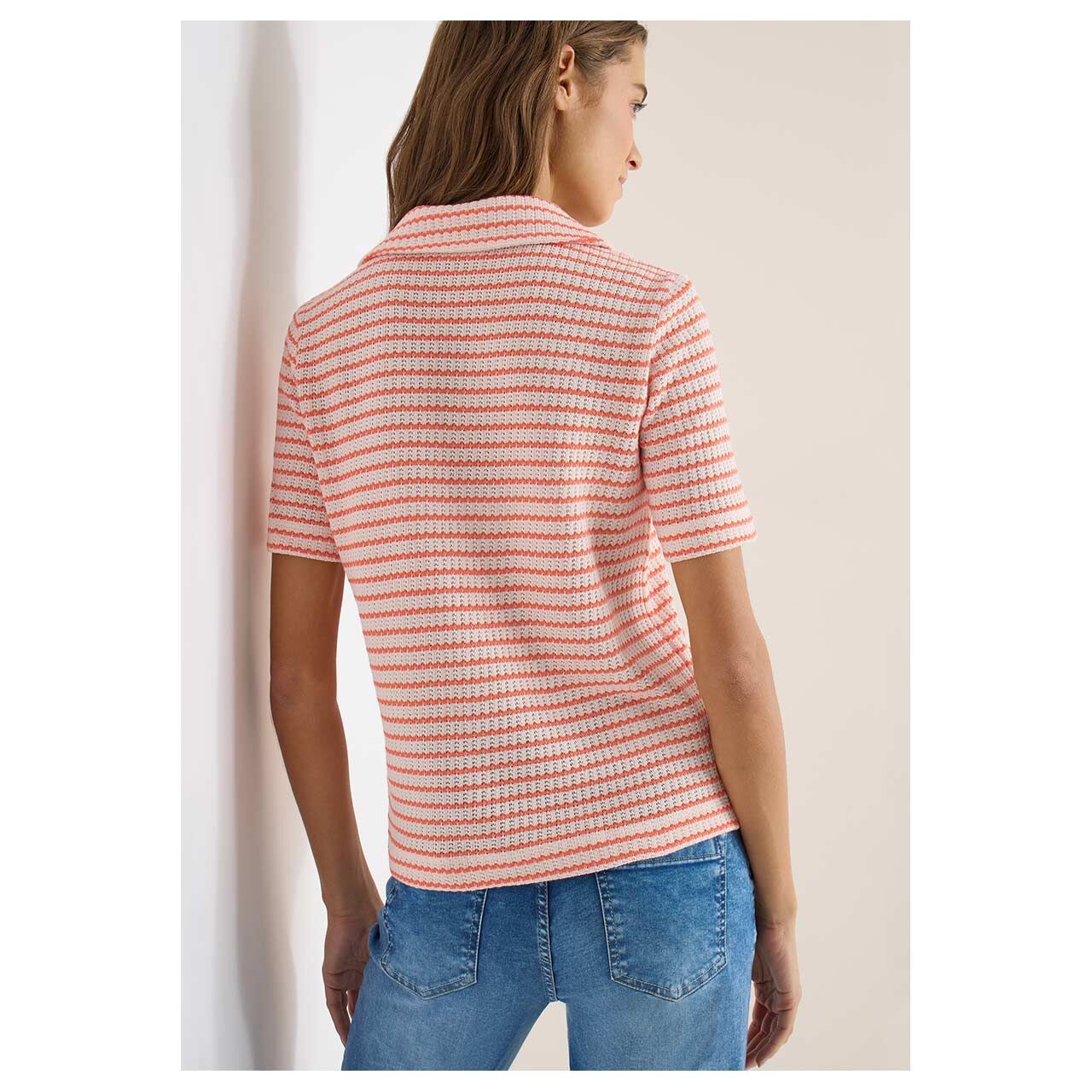 Damen Poloshirt Striped Ajour von Cecil in Orange-Rot gestreift, Rückansicht Model