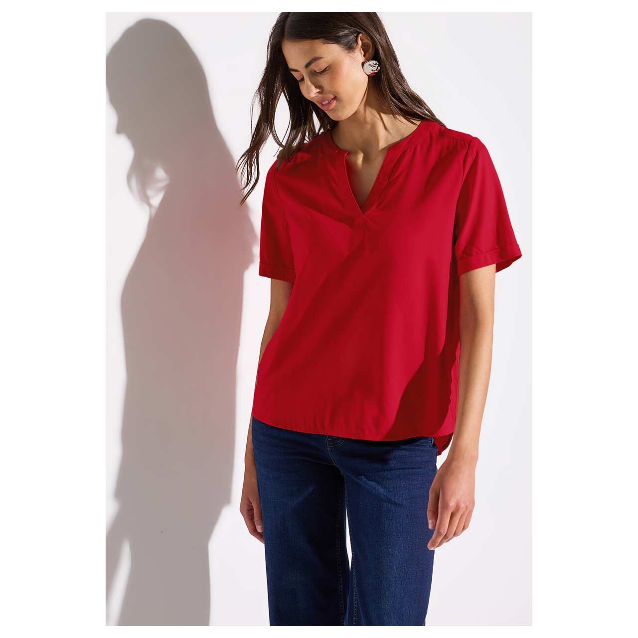 Street One Damen Kurzarm Bluse Splitneck glory red