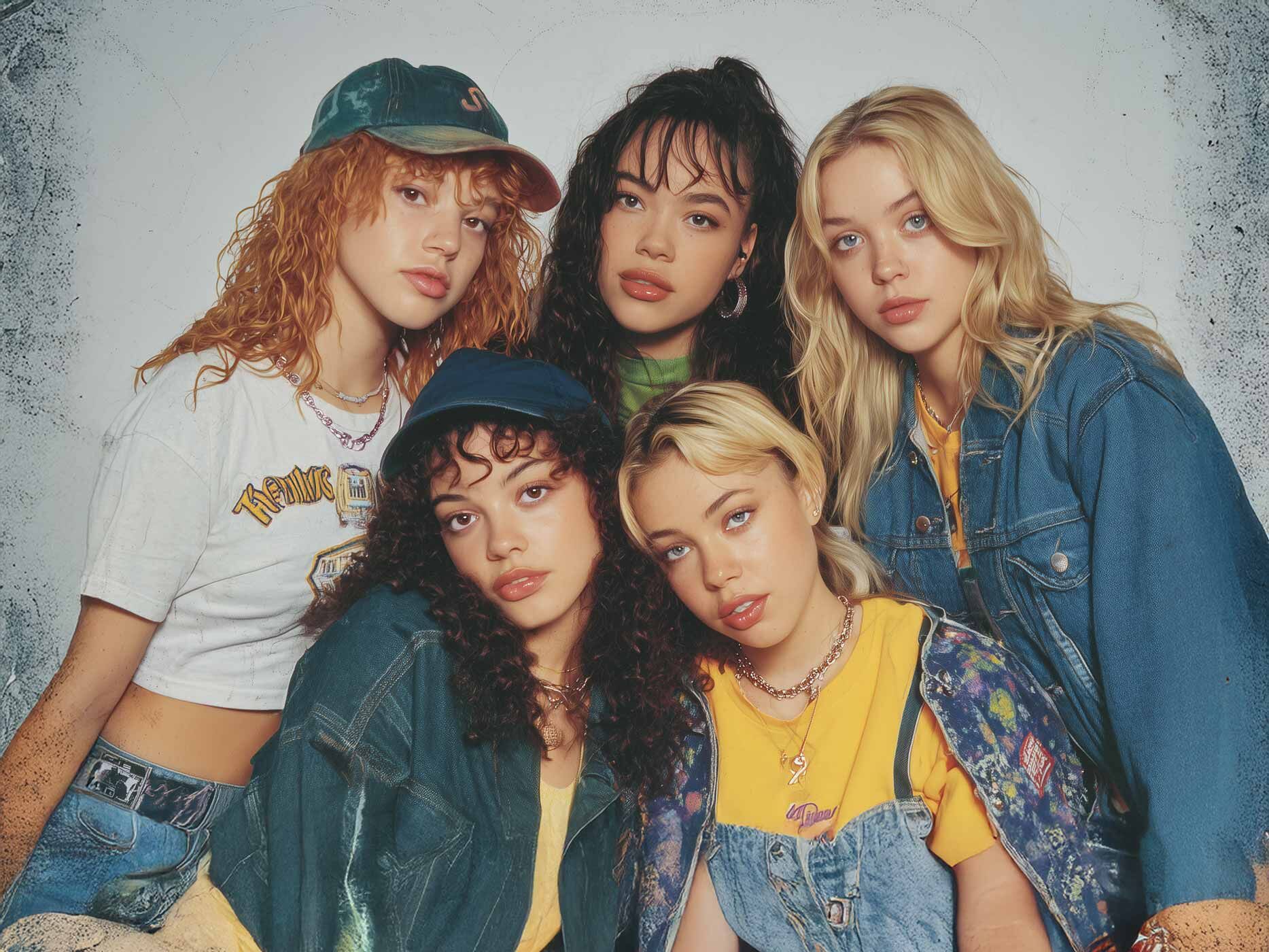 Fünf junge Frauen stehen dicht beieinander vor einem hellen Studiohintergrund und blicken ruhig in die Kamera. Sie tragen lässige 90er Jahre Outfits mit Denimjacken, Latzkleid, T Shirts in Gelb und Weiß sowie Baseballcaps. Die Looks wirken bewusst oversized und entspannt. Schmuck wie Ketten ergänzt die Outfits. Die Frisuren reichen von lockig bis glatt, die Stimmung ist selbstbewusst, modern und stark von der 90er Ästhetik geprägt.
