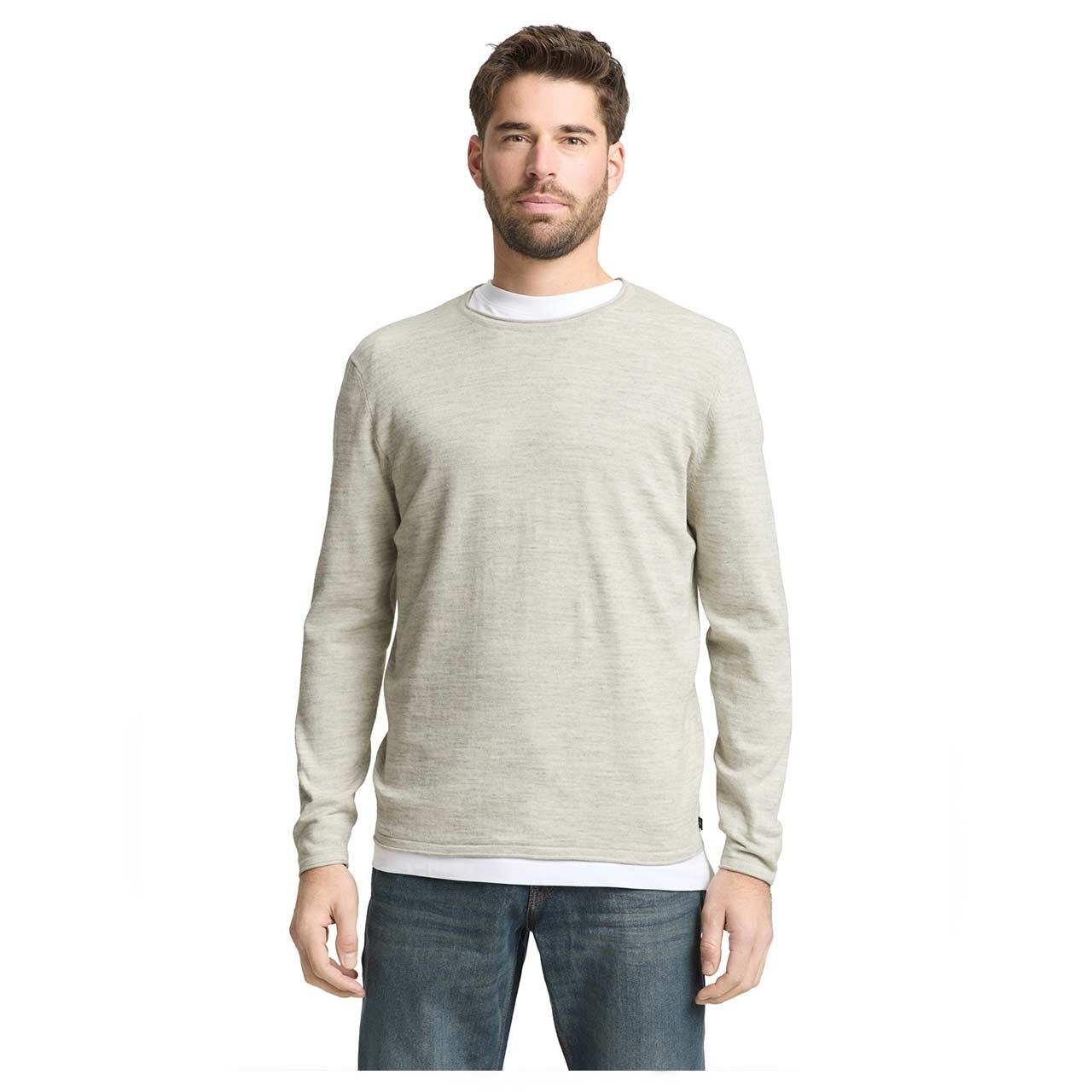 Herren Pullover Space Dye Knit von Tom Tailor in Hellgrau meliert, Vorderansicht am Model