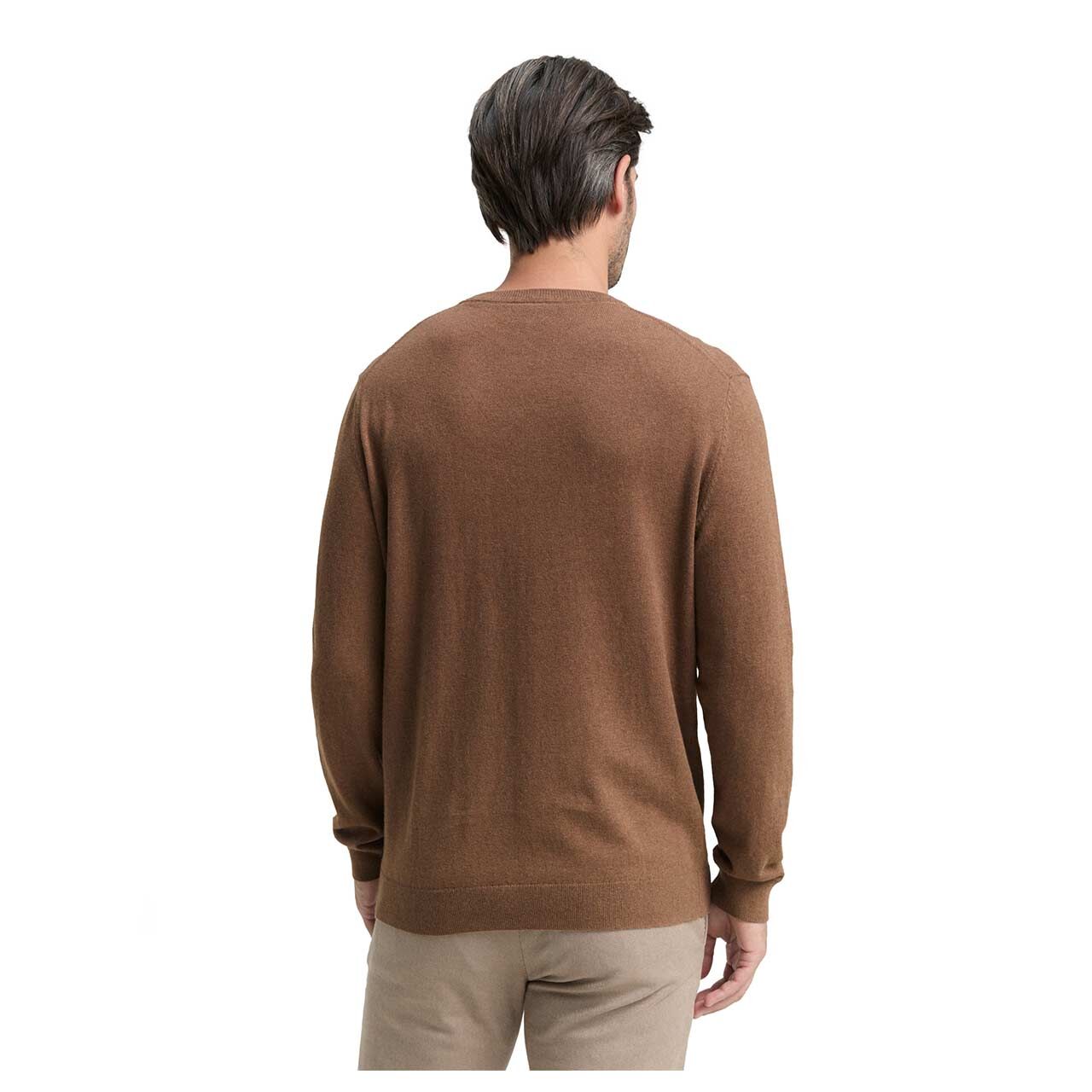 Herren Pullover Cashmere Crewneck Knit von Tom Tailor in Braun meliert, Rückansicht am Model