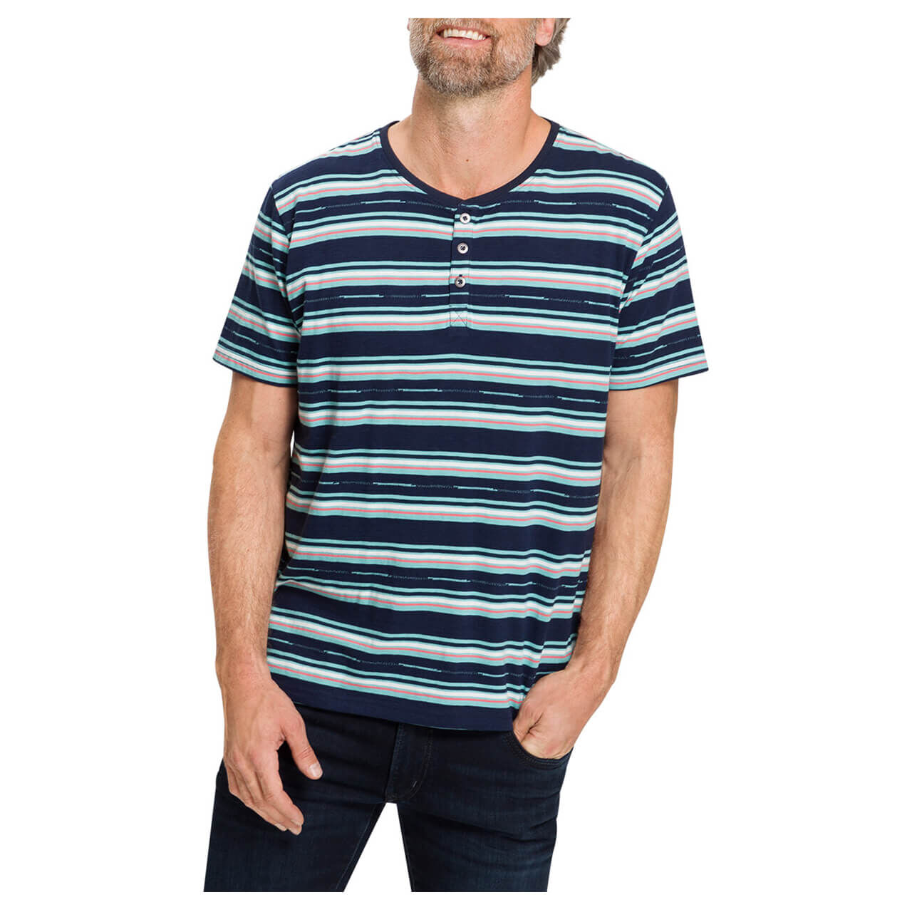 Pioneer Serafino T-Shirt für Herren in Blau gestreift, FarbNr.: 6701