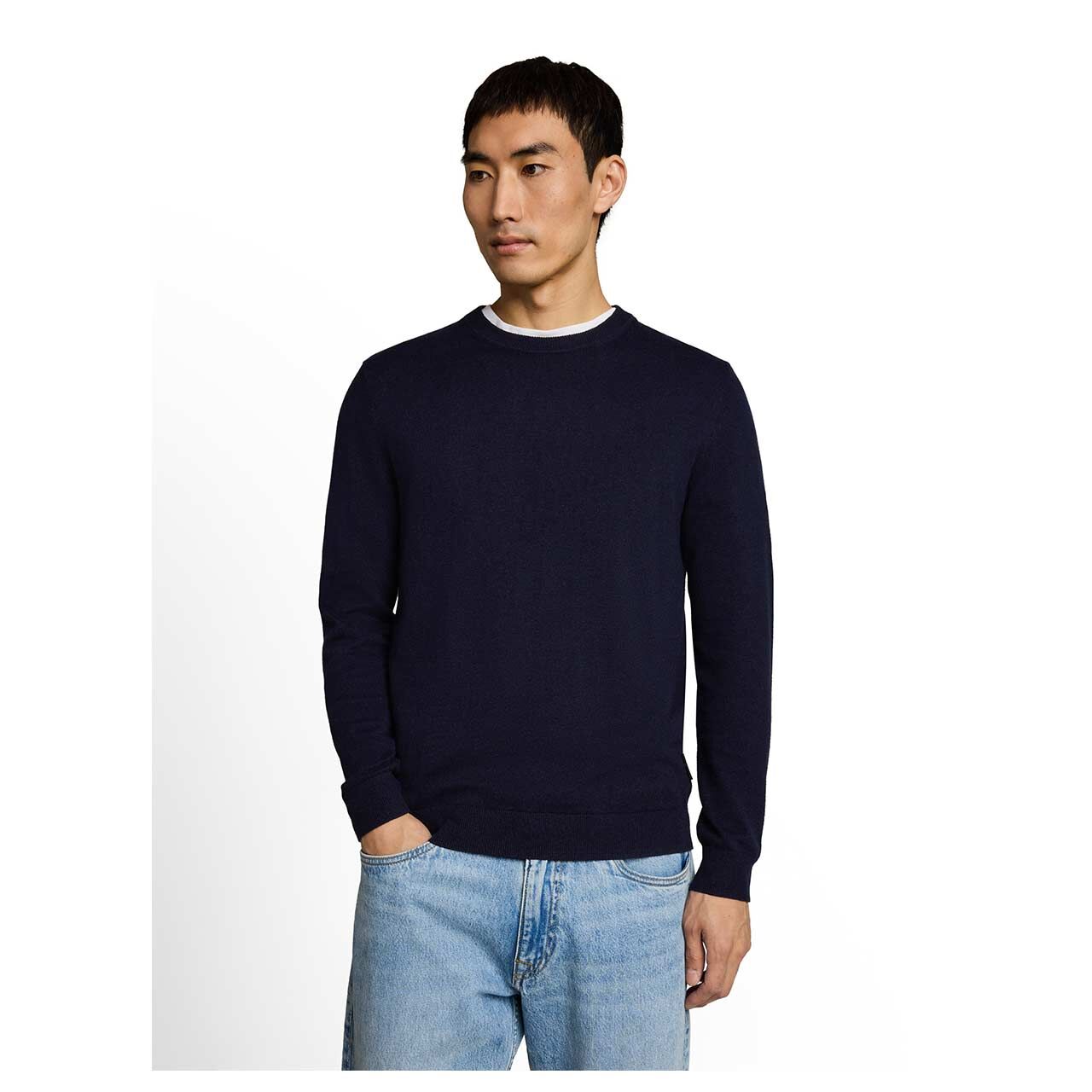 Herren Pullover Cashmere Crewneck Knit von Tom Tailor in Dunkelblau meliert, Vorderansicht am Model
