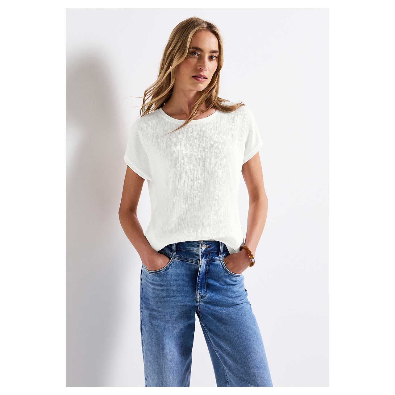 Damen T-Shirt Structure Mix von Street One in Cremeweiß, Nahansicht am Modell