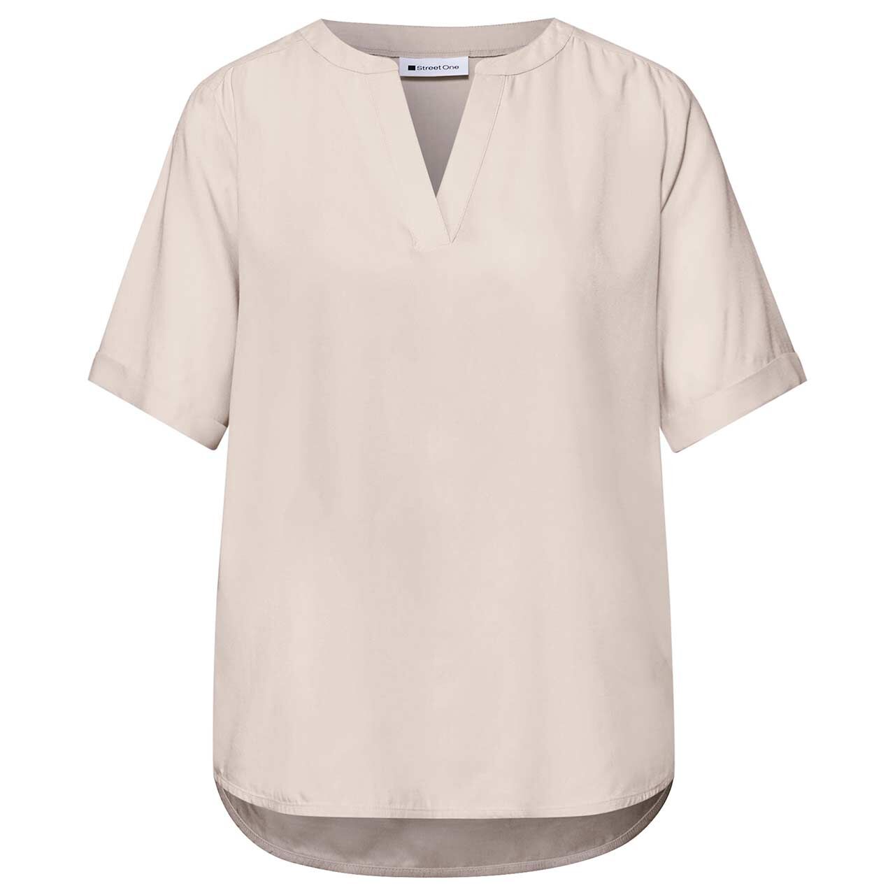 Street One Damen Kurzarm Bluse Splitneck Turn-Up cotton beige