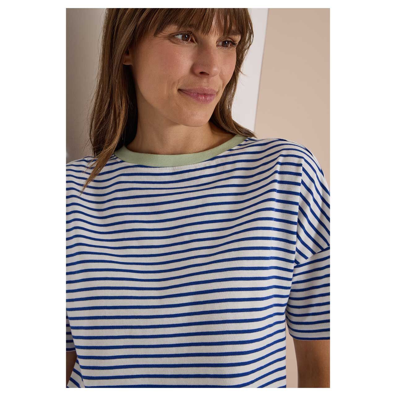 Cecil Damen T-Shirt Striped Contrast Collar deep river blue
