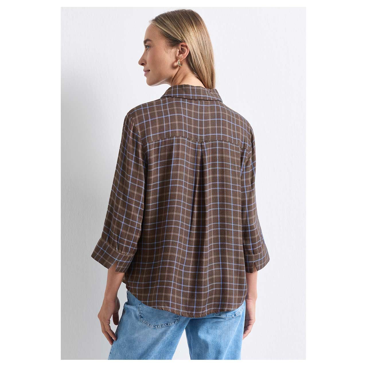 Damen 3/4 Arm Bluse check Shirtcollar von Street One in Dunkelbraun kariert, Rückansicht am Model