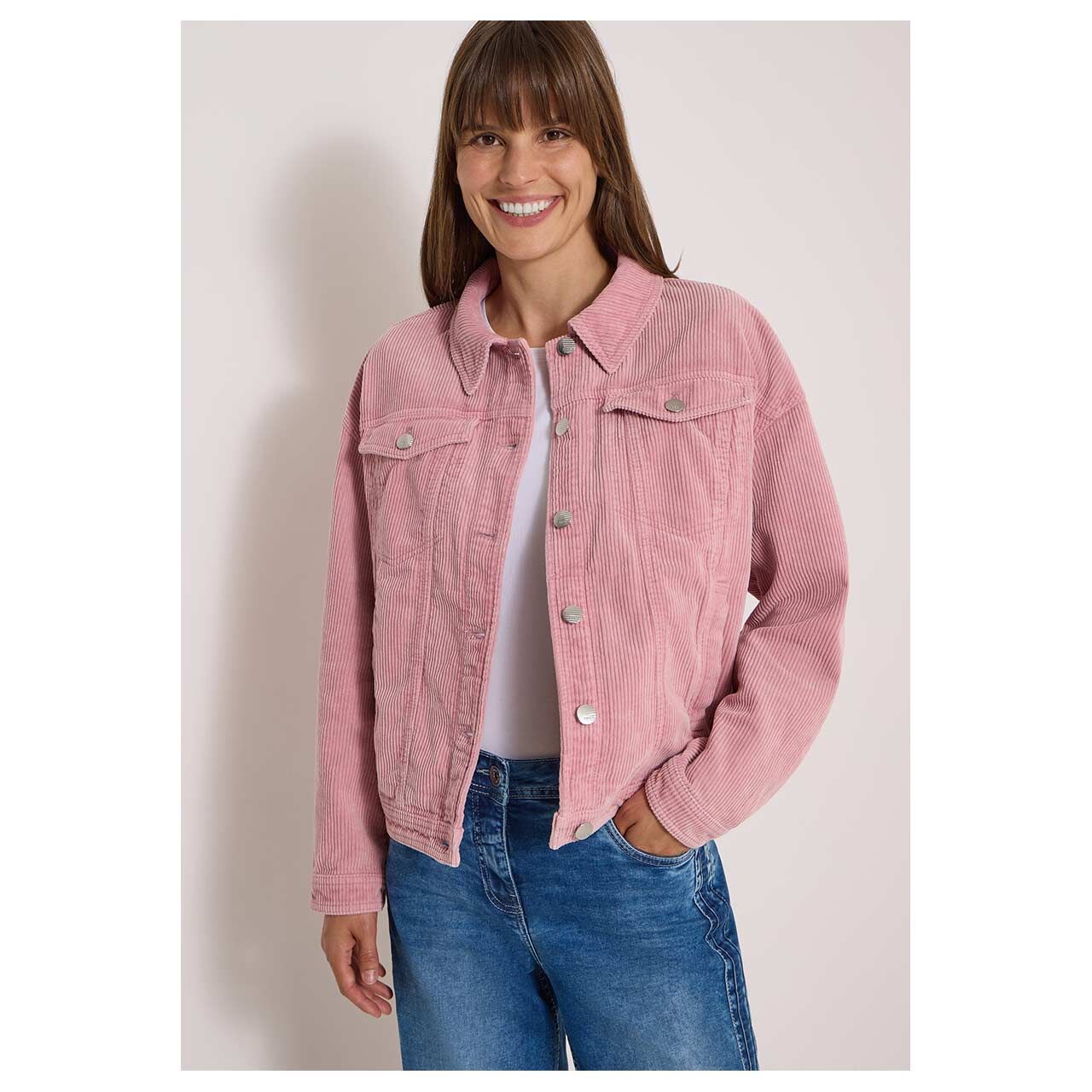 Damen Cord Hemdjacke von Cecil in Rosa, Vorderansicht am Model