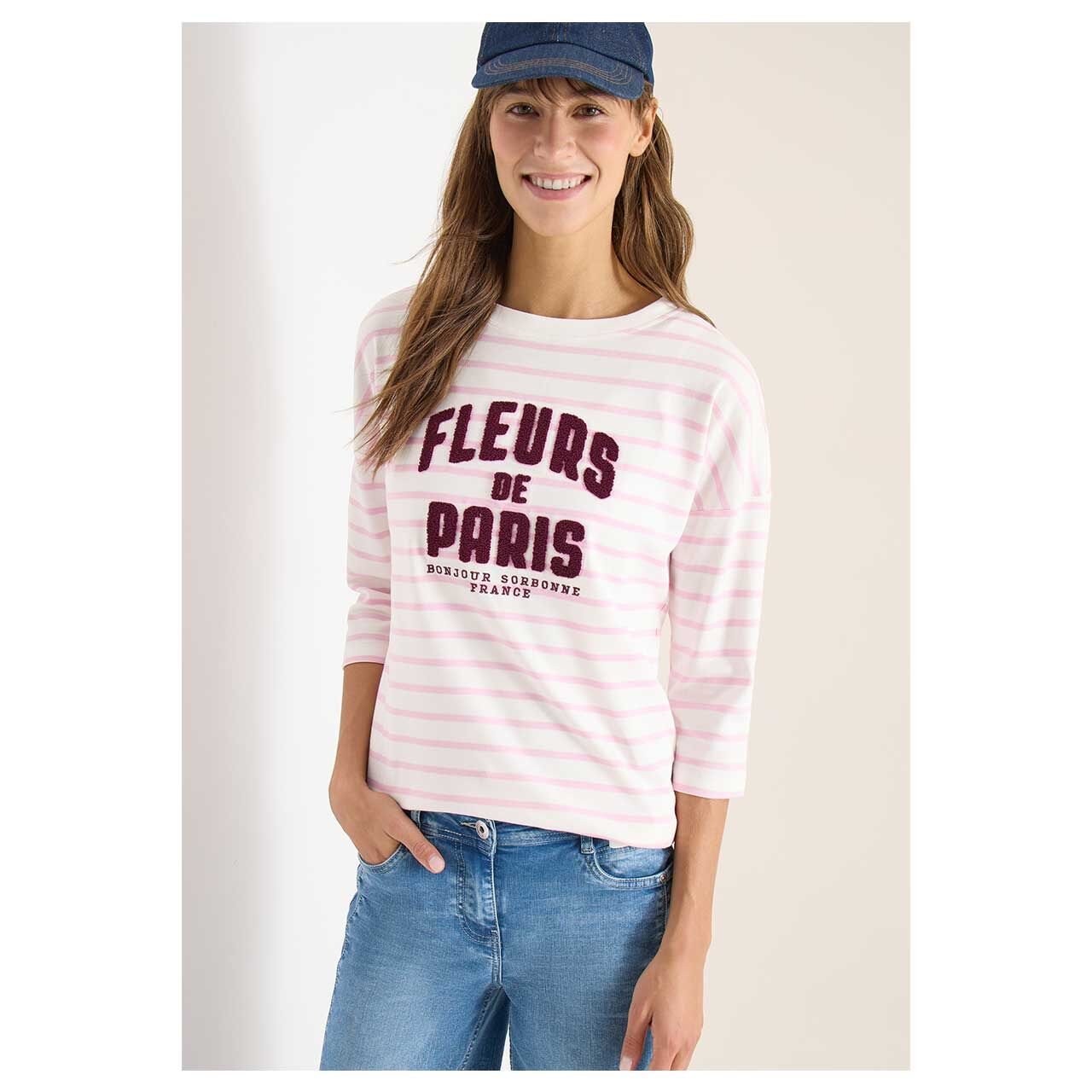 Damen 3/4 Arm Shirt Striped Fleurs von Cecil in Rosa gestreift, Vorderansicht