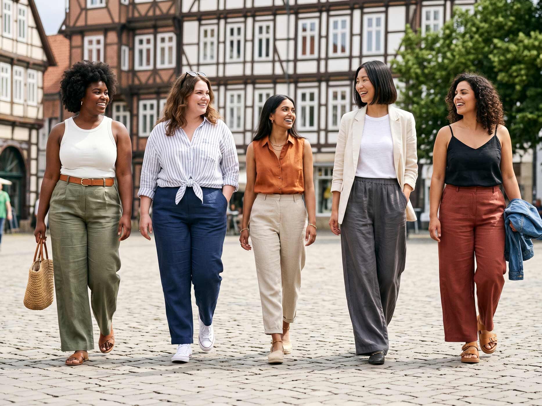 Fünf Frauen präsentieren Leinenhosen in verschiedenen Farben und Schnitten. Die Leinenhosen werden mit Tops, Blusen, Blazern und Sneakern kombiniert und zeigen vielseitige Stylingmöglichkeiten für unterschiedliche Figurtypen.