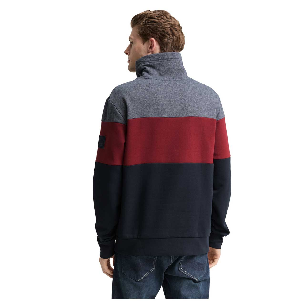 Herren Sweatshirt Cutline Snood von Tom Tailor in Dunkelrot gestreift, Rückansicht am Model