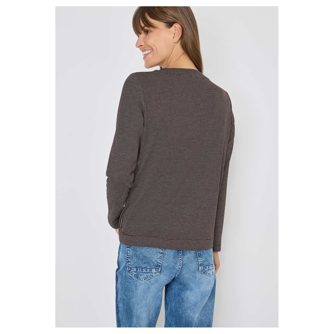 Damen Langarm Shirt Small Striped Boatneck von Cecil in Dunkelbraun gestreift, Rückansicht