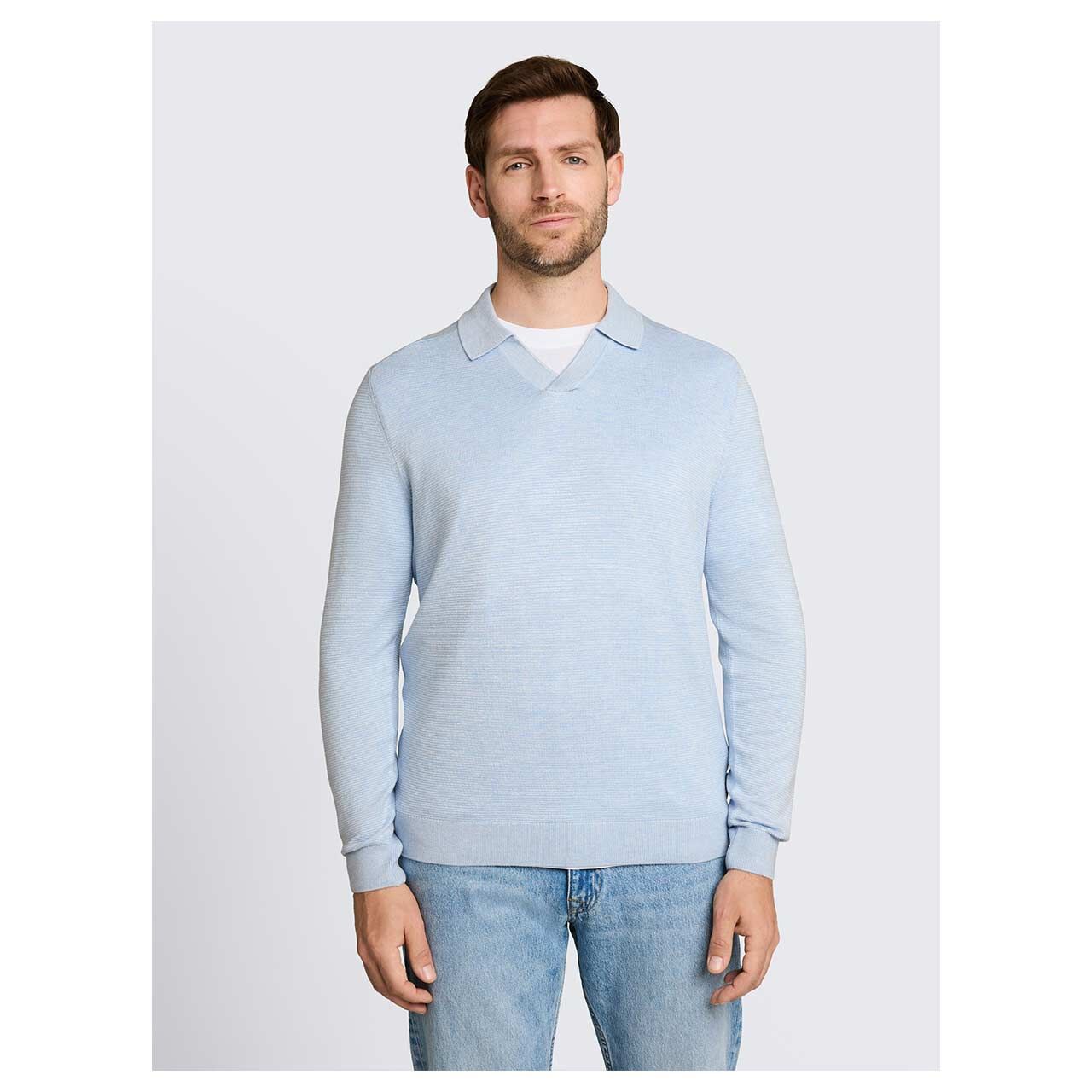 Herren Pullover Soft Knit Polo von Tom Tailor in Hellblau meliert, Vorderansicht am Model