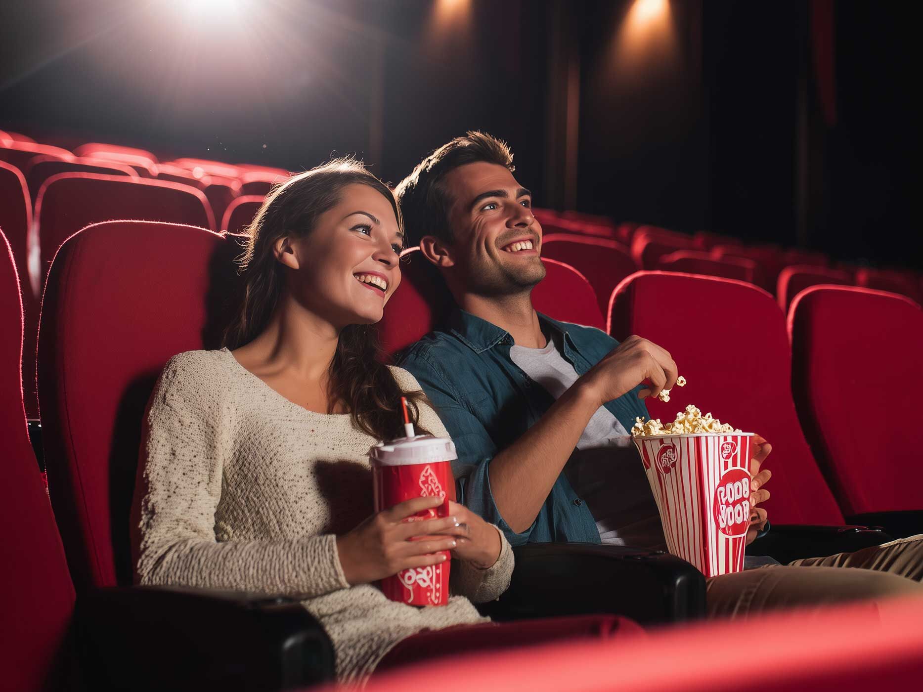 Ein junges P&auml;rchen sitzt im Kino, nebeneinander, gucken auf die Leinwand und lachen, er h&auml;lt Popcorn in der Hand und sie einen Getr&auml;nkebecher.