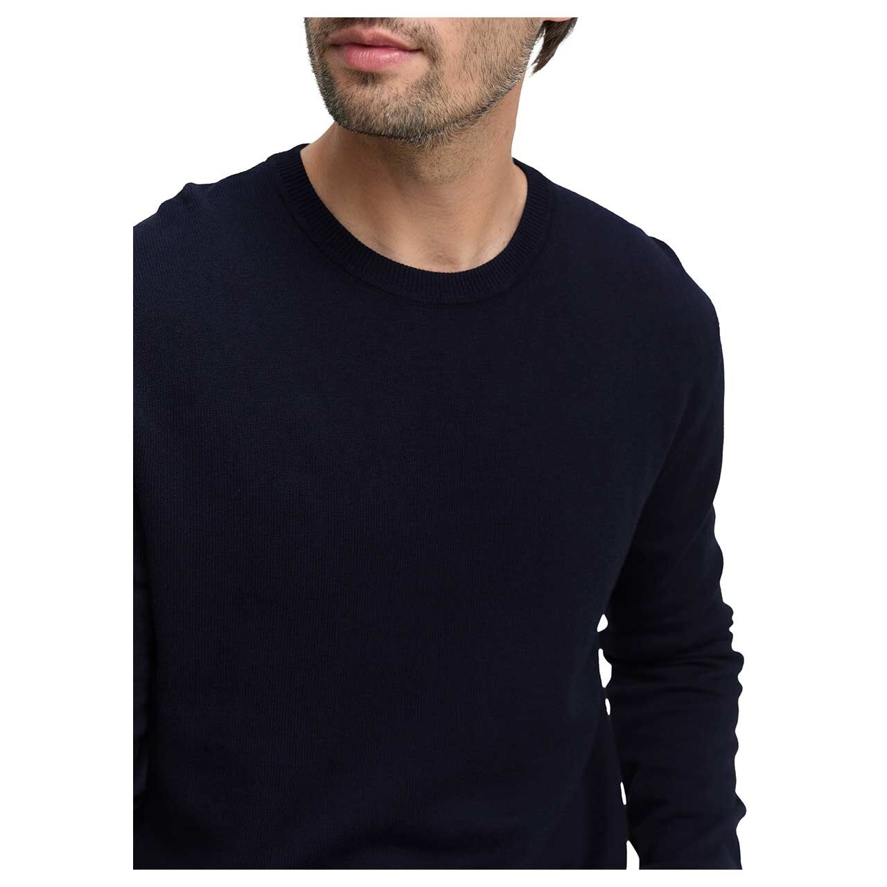 Herren Pullover Cashmere Crewneck Knit von Tom Tailor in Dunkelblau meliert, Detailansicht am Model