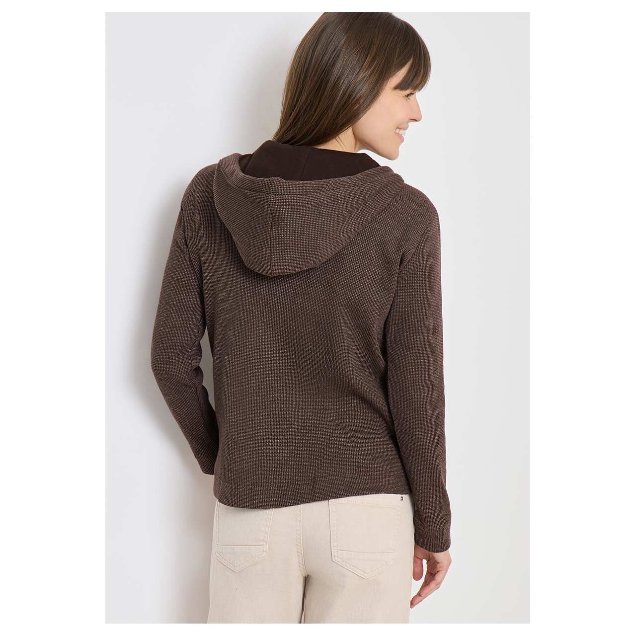 Damen Hoodie Sweatjacke von Cecil in Dunkelbraun meliert, Rückansicht am Model
