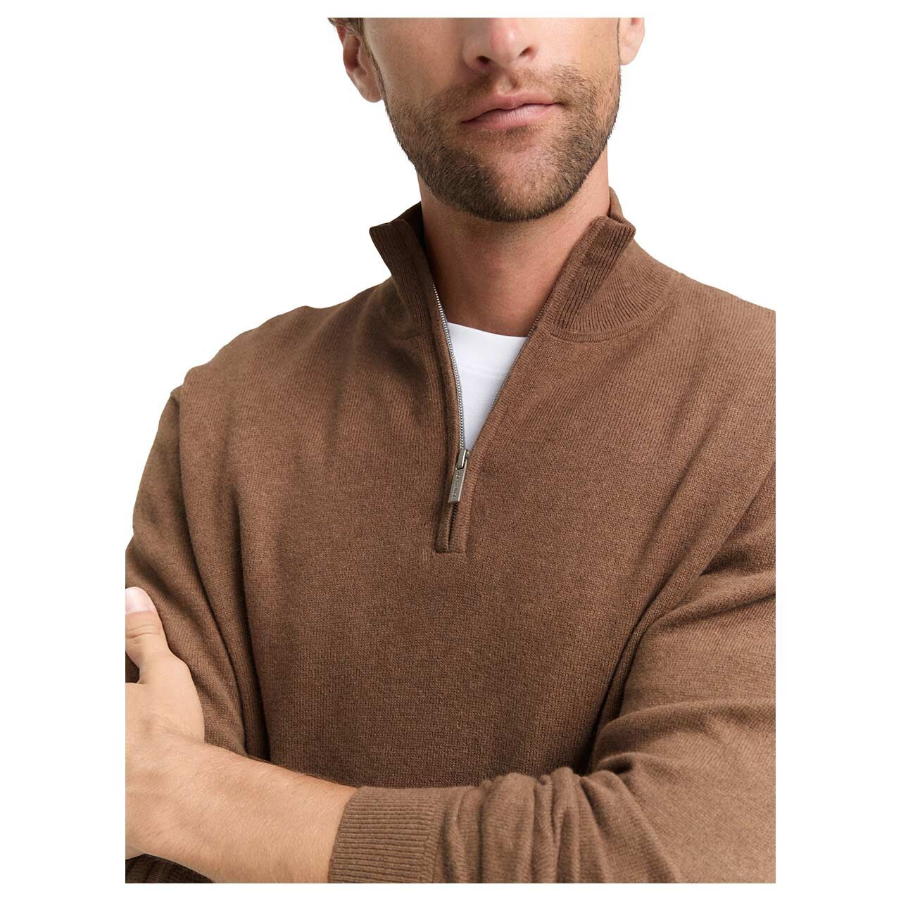 Herren Pullover Troyer Cashmere Knitted von Tom Tailor in Braun meliert, Detailansicht am Model