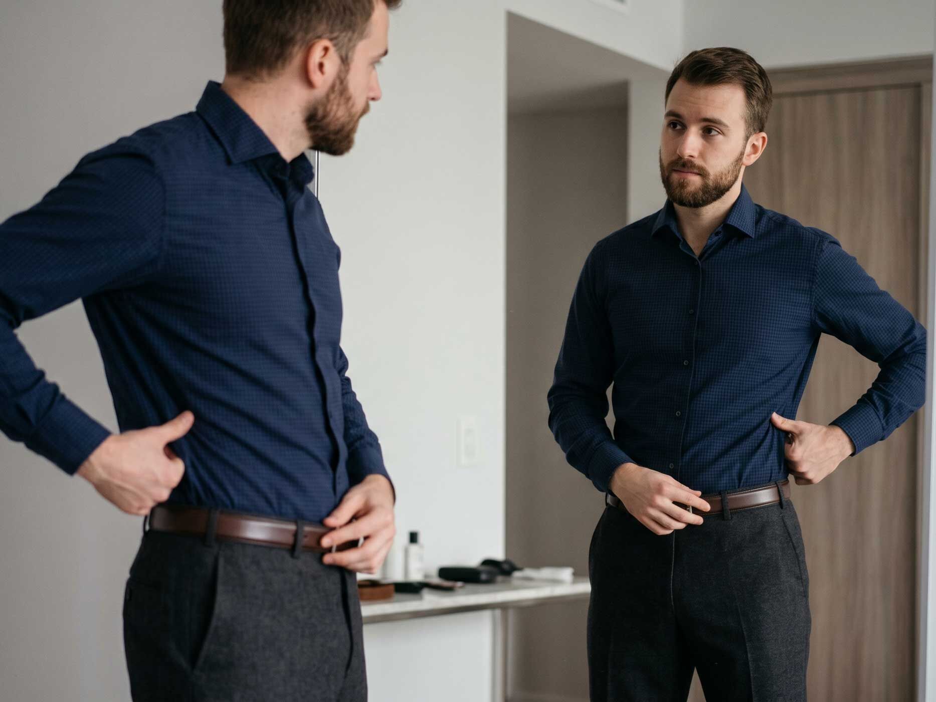 Ein Mann betrachtet im Spiegel, wie sein dunkles Herrenhemd gleichm&auml;&szlig;ig und sauber in die elegante Stoffhose eingesteckt sitzt.